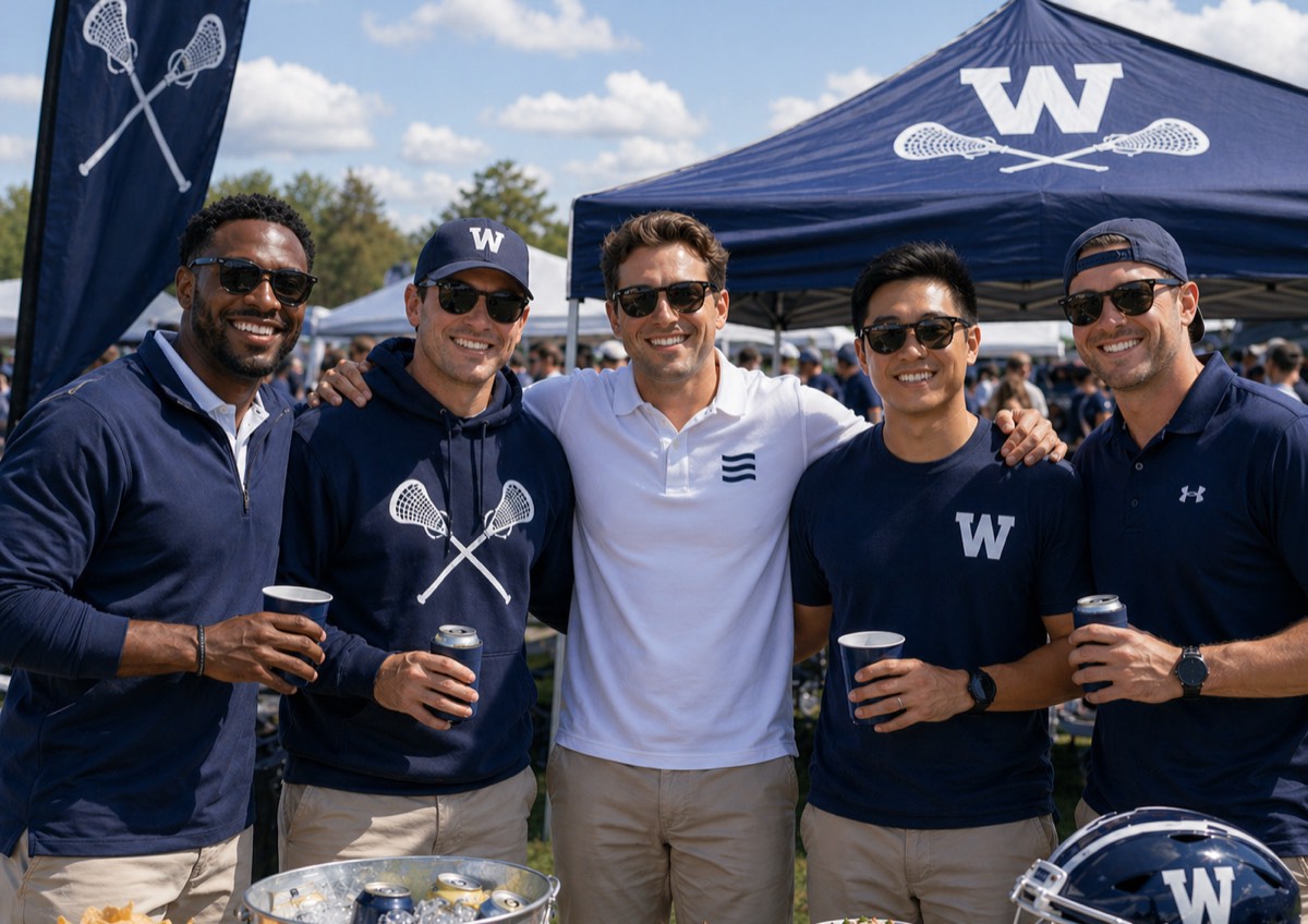 Five friends in navy and white apparel smiling together at a lacrosse tailgate