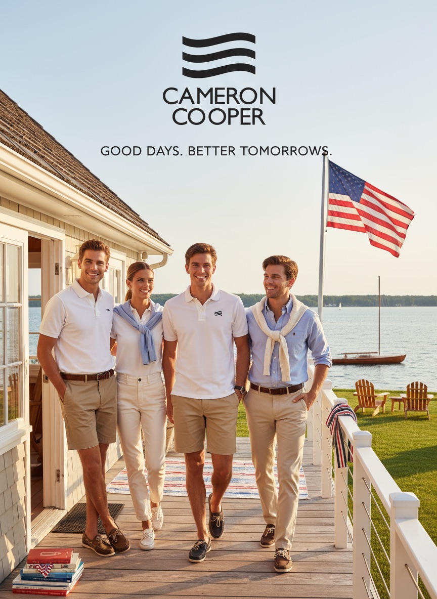 Four friends in white polos and khaki shorts on a seaside porch with an American flag, wearing Cameron Cooper